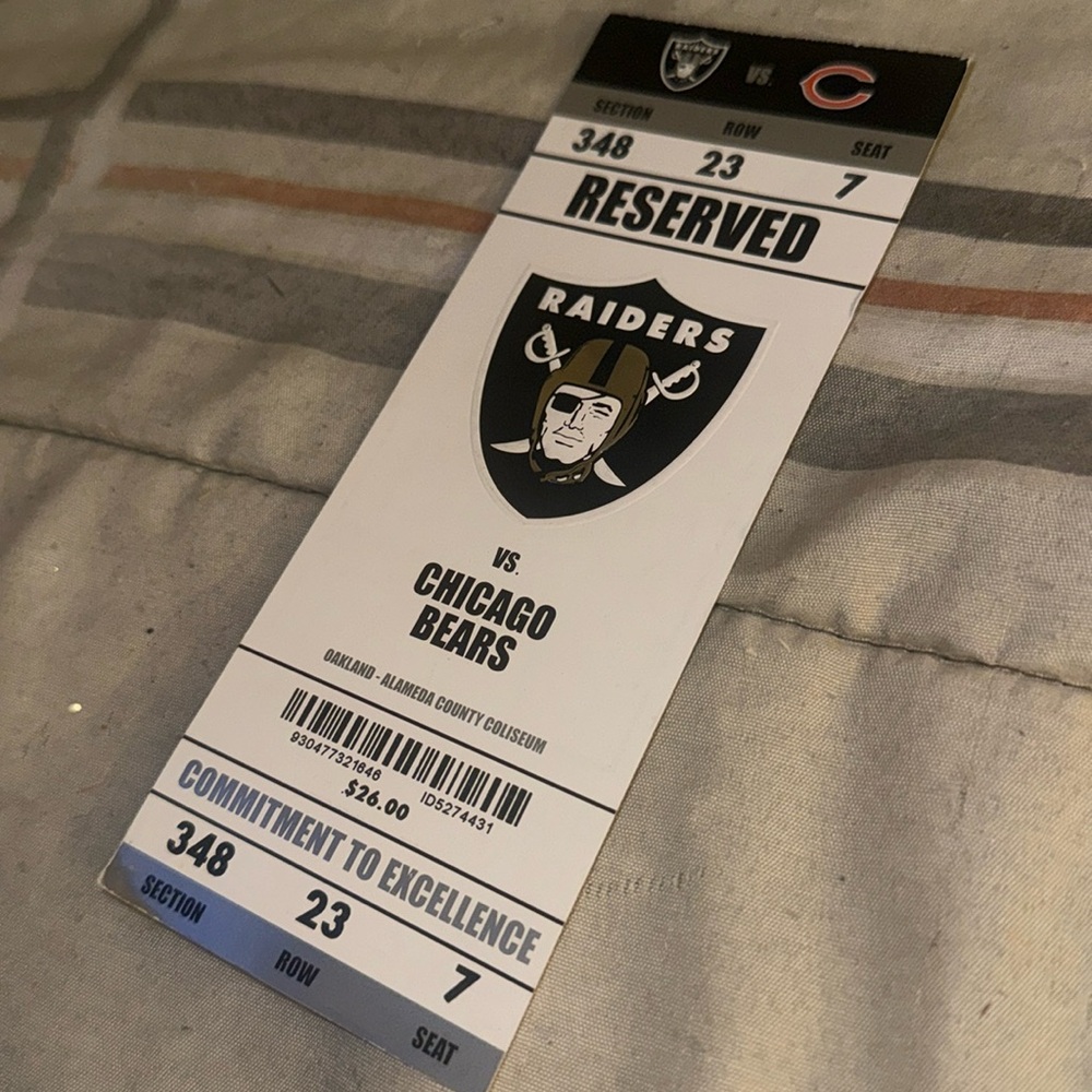 Raiders 25-20 Bears (Nov 27, 2011) Final Score. One ticket (memorabilia only)